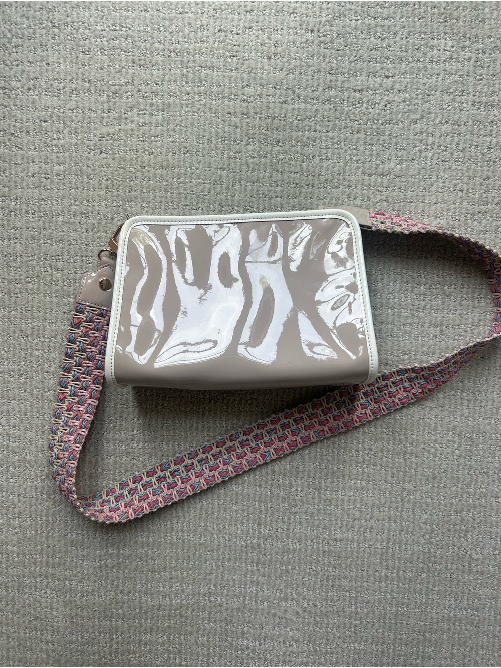 Kelly Wynne Patent Leather Crossbody Bag with Pink Woven Strap